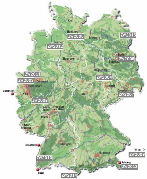 Mit Mausklick vergrößern: Landkarte der Zukunftswerkstatt-Jahrestreffen 2003-2015